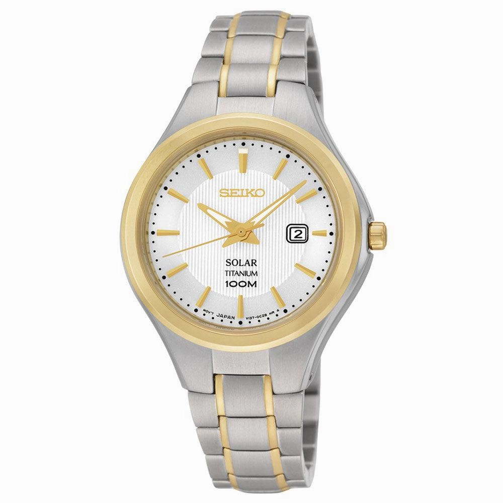 Seiko SUT206 Women's Solar Core White Dial Two Tone Yellow Gold Titanium Bracelet Watch