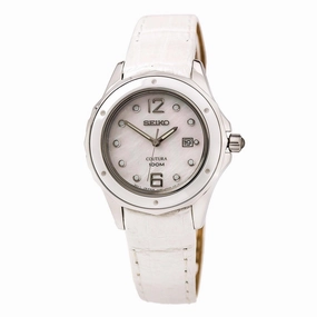 Seiko SXDE79P2 Women's Coutura White MOP Dial White Leather Strap Watch