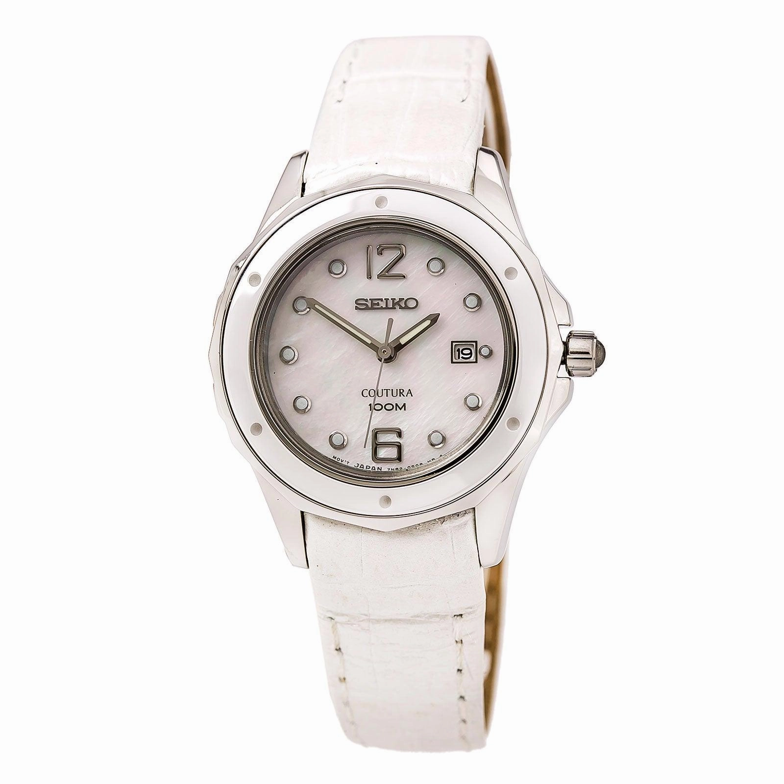 Seiko SXDE79P2 Women's Coutura White MOP Dial White Leather Strap Watch