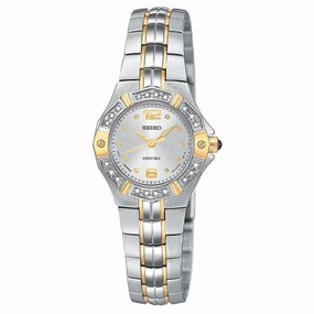 Seiko SXGN26 Women's Coutura Two Tone Bracelet Silver Dial Diamond Accents Bezel Watch