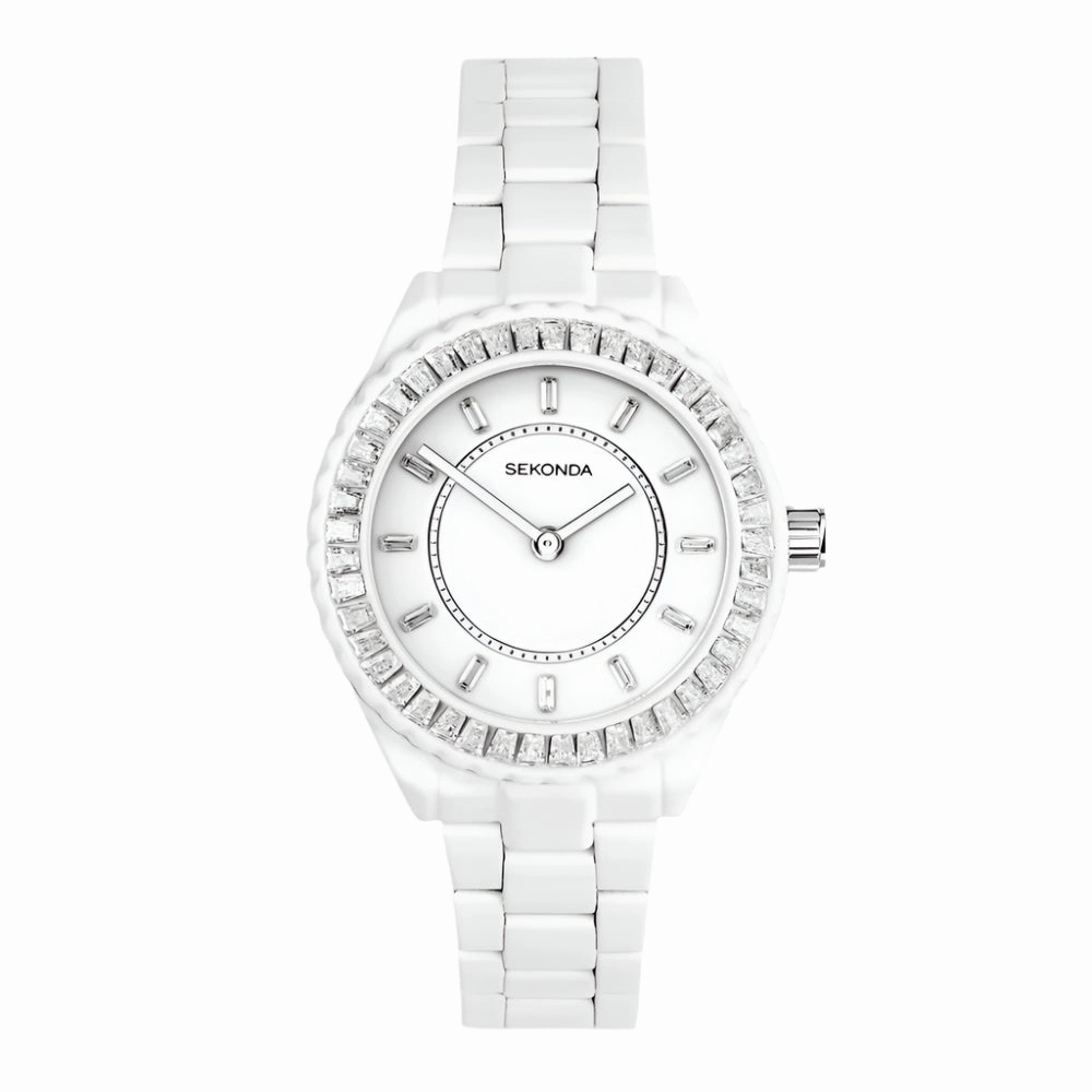Sekonda Margot White Dial and Stone Set Bezel Ladies Watch 40687