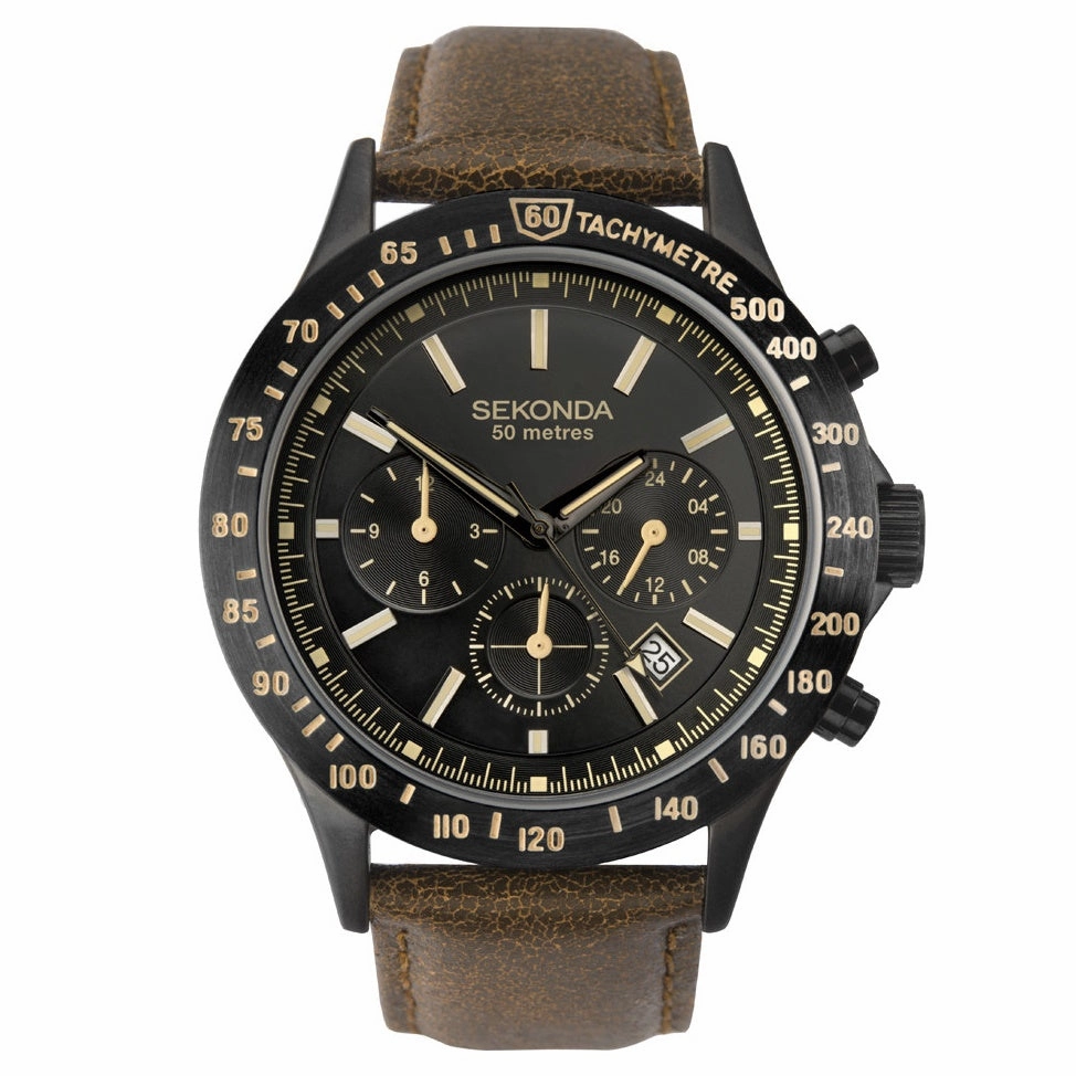 Sekonda Sports Dual Time Mens Watch Black Dial Tan Strap 1651