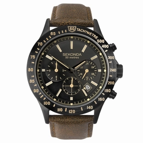 Sekonda Sports Dual Time Mens Watch Black Dial Tan Strap 1651