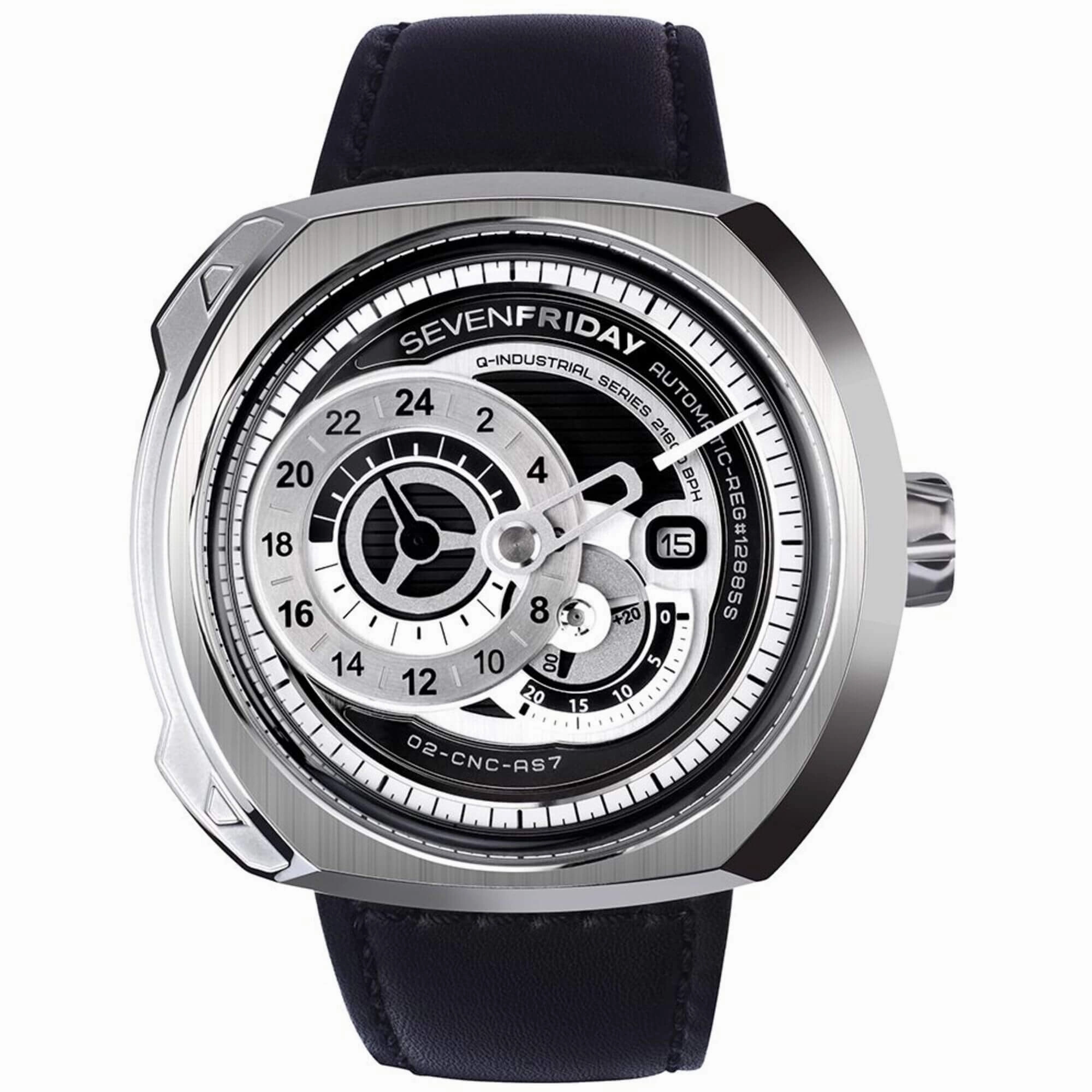 SevenFriday Men's Watch - Q-Series Automatic Silver and Black Dial Strap | Q1-01
