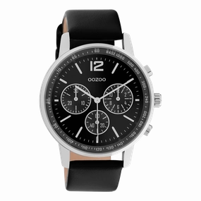 Silver coloured OOZOO watch with black leather strap - C10813