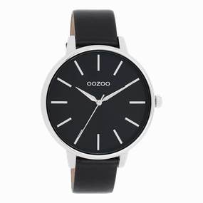 Silver coloured OOZOO watch with black leather strap - C11293
