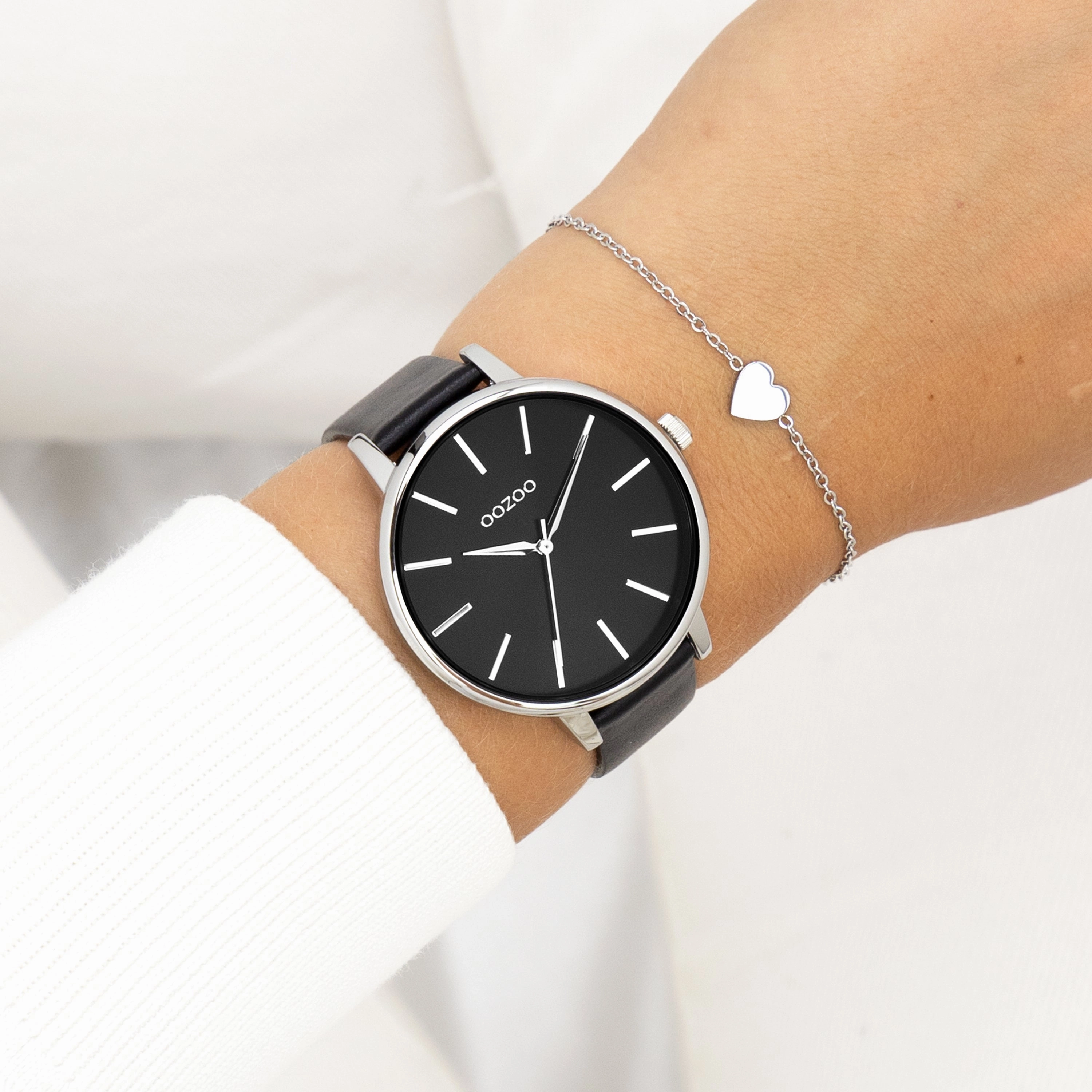 Silver coloured OOZOO watch with black leather strap - C11293