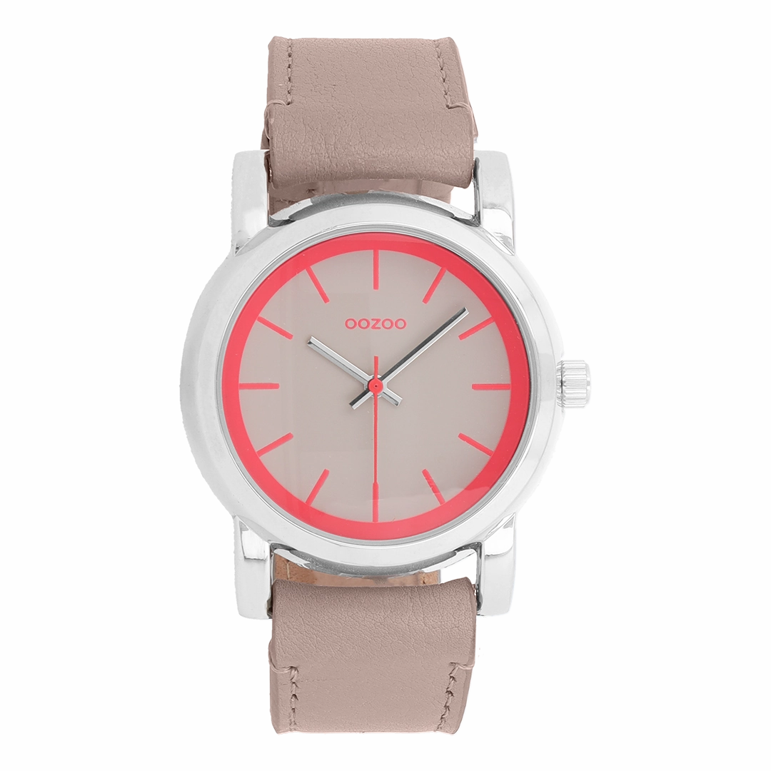 Silver coloured OOZOO watch with pink grey leather strap - C7183