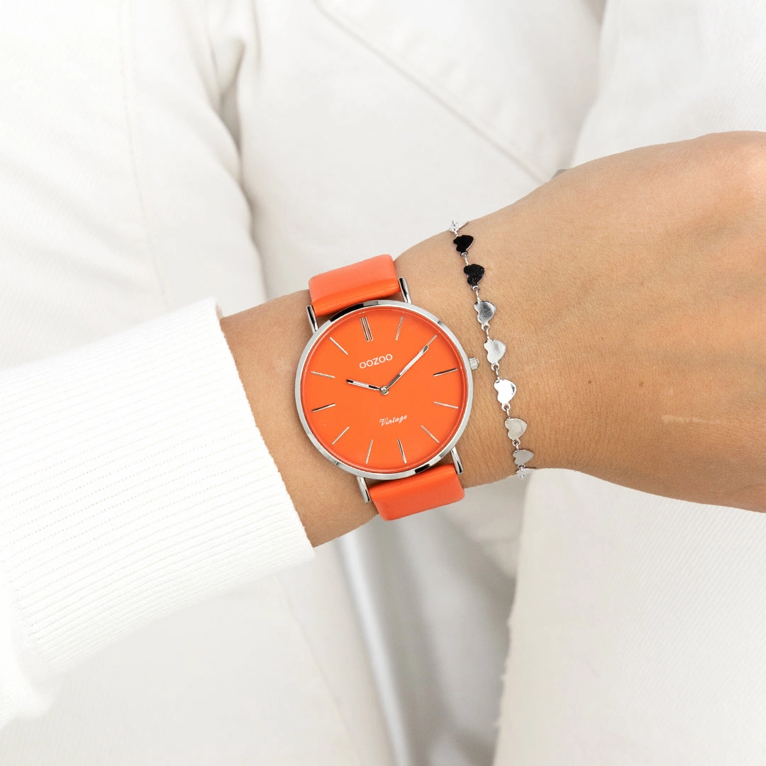 Silver coloured OOZOO watch with red/orange leather strap - C20320