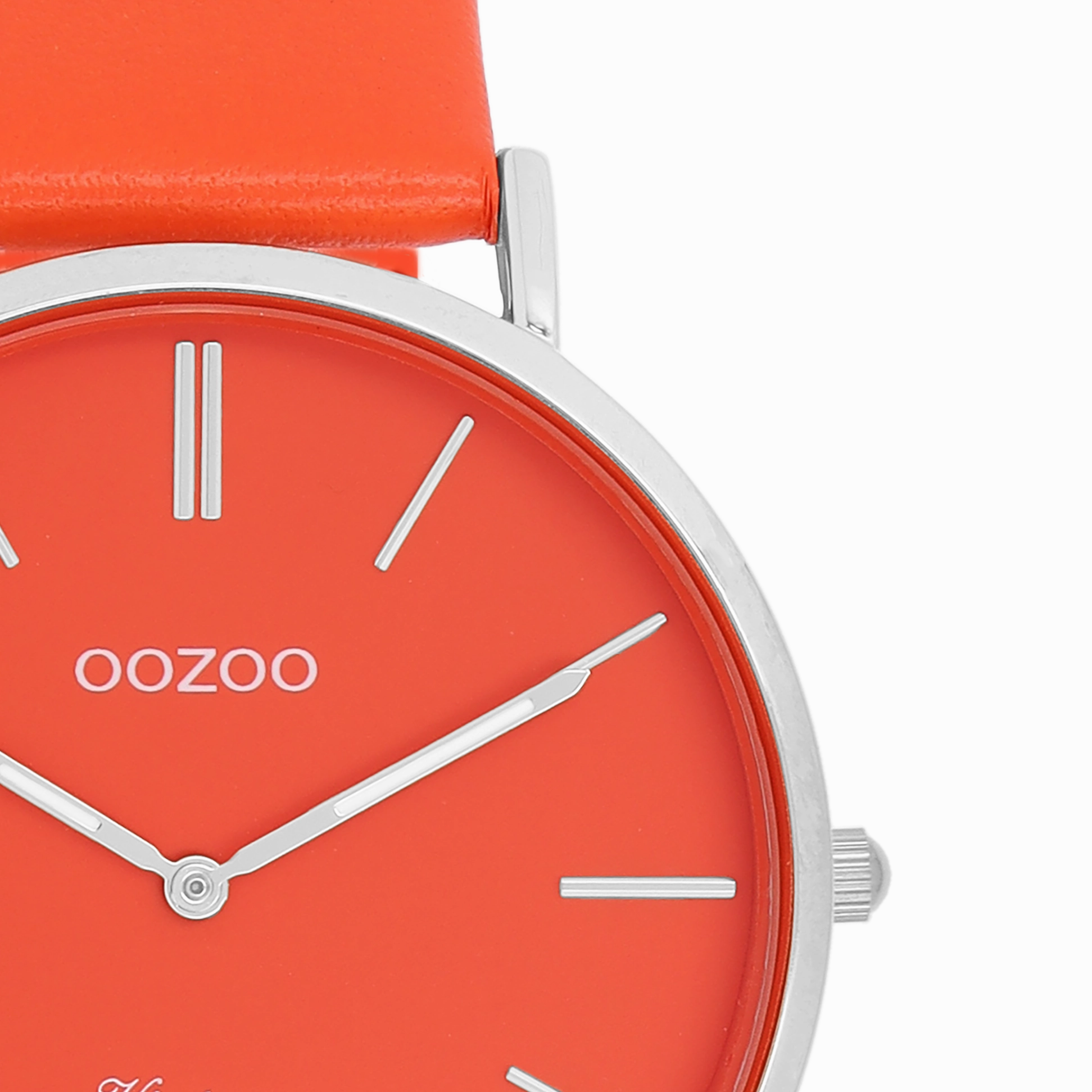 Silver coloured OOZOO watch with red/orange leather strap - C20320