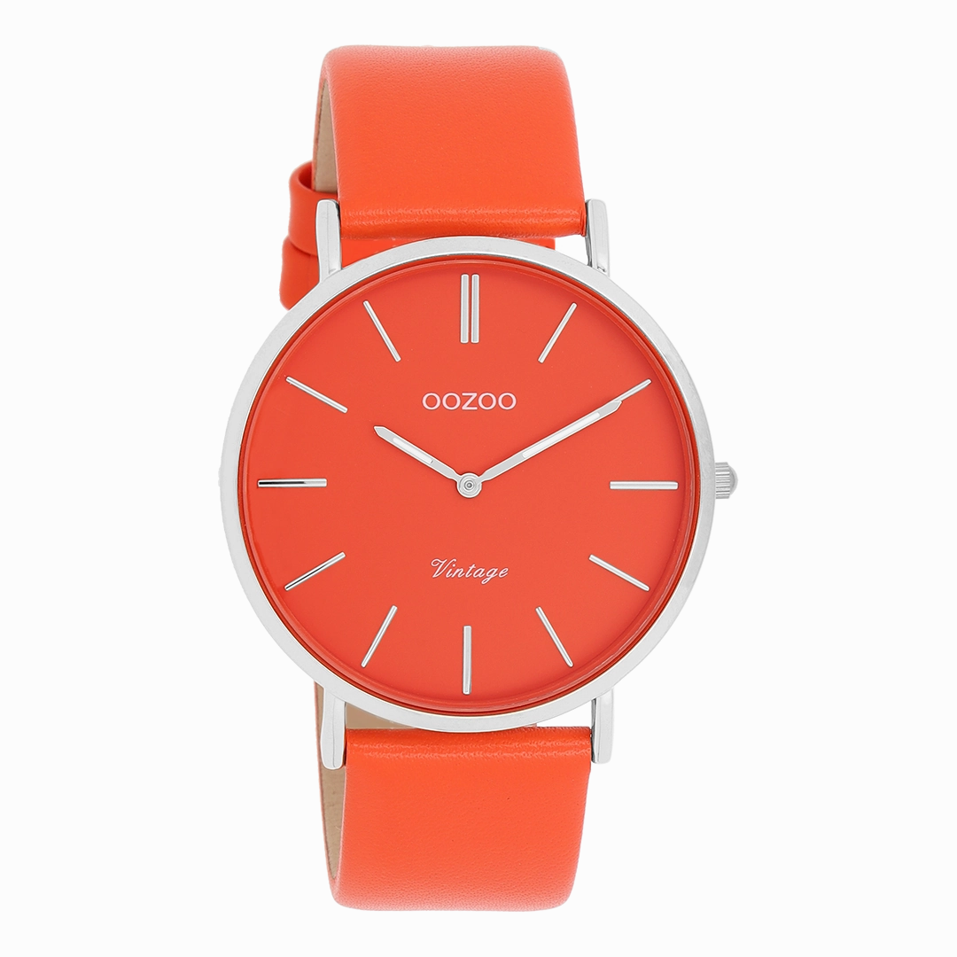 Silver coloured OOZOO watch with red/orange leather strap - C20320