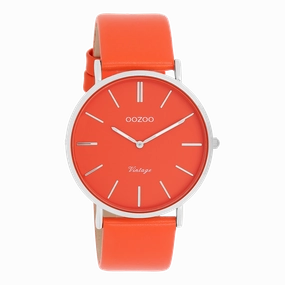 Silver coloured OOZOO watch with red/orange leather strap - C20320