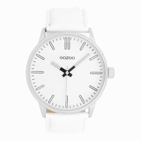 Silver coloured OOZOO watch with white leather strap - C11512