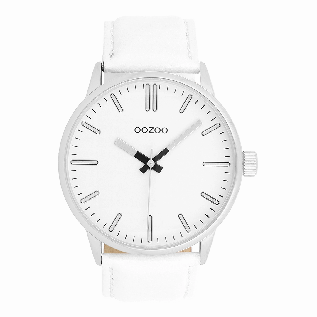 Silver coloured OOZOO watch with white leather strap - C11512