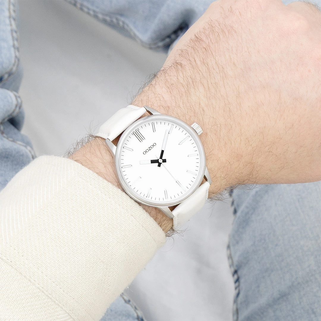 Silver coloured OOZOO watch with white leather strap - C11512
