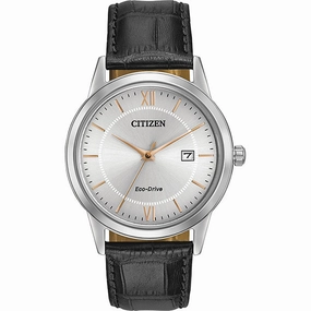 Silver Eco-Drive Watch with Black Leather Strap