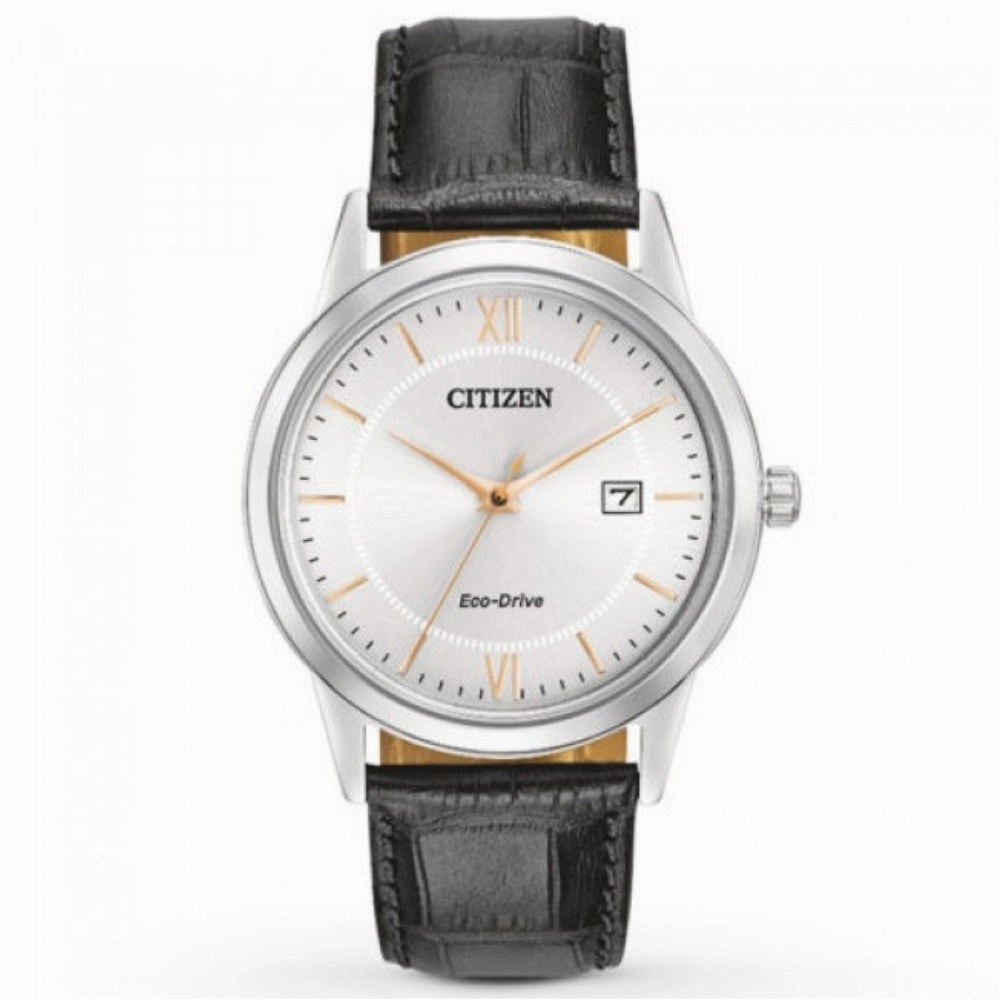 Silver Eco-Drive Watch with Black Leather Strap