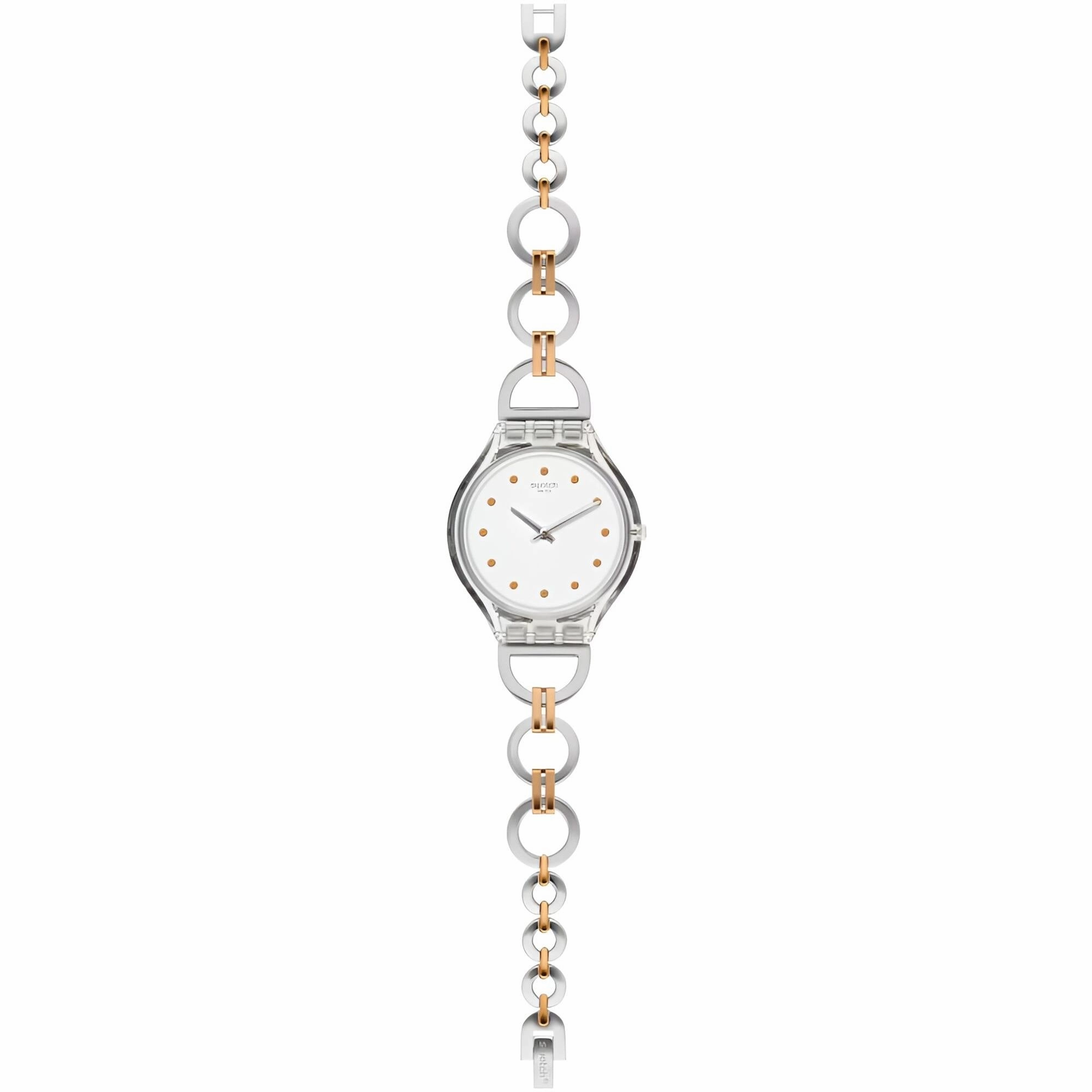 Swatch Women's Watch - Skin Skinring Quartz White Dial Two Tone Bracelet | SVOK102G
