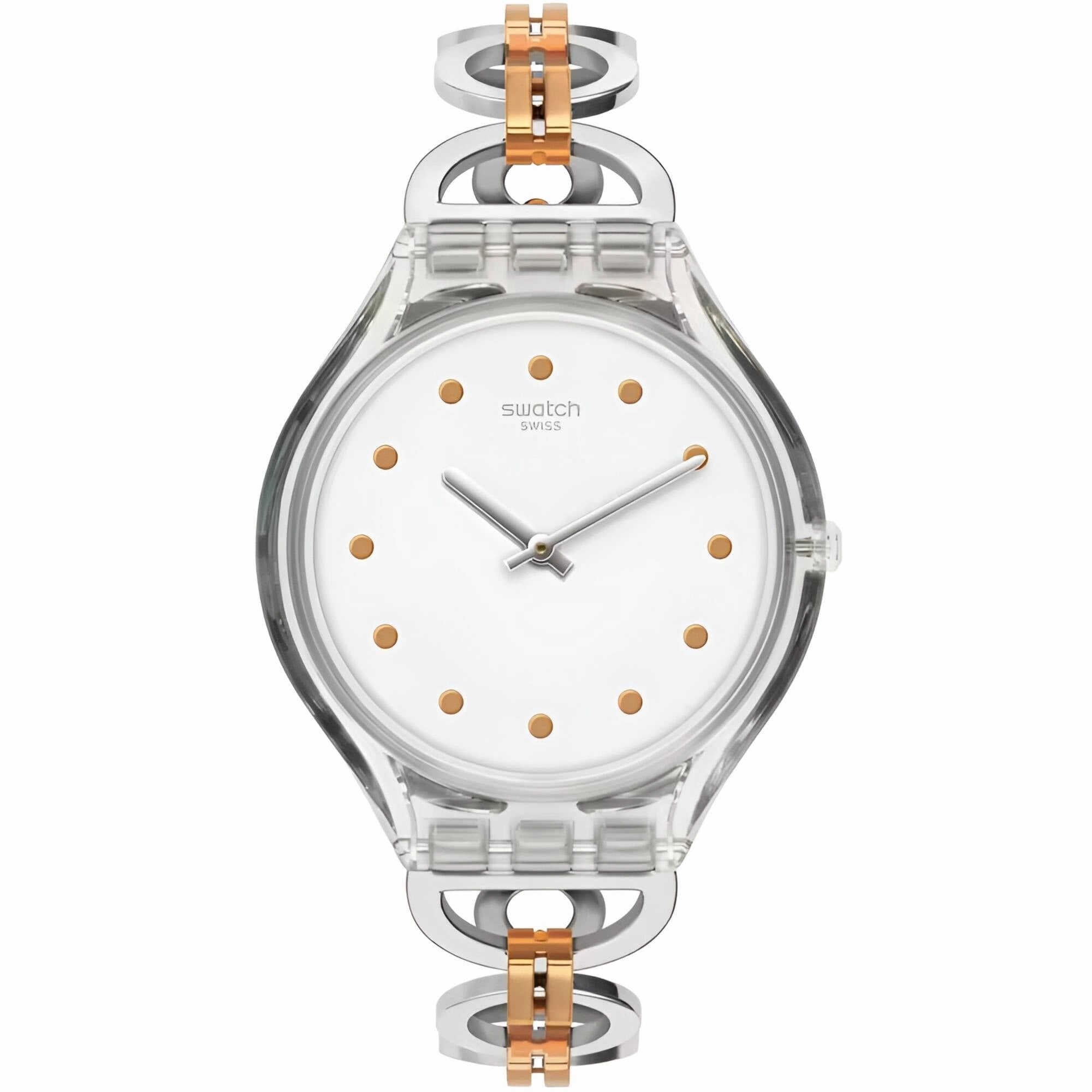 Swatch Women's Watch - Skin Skinring Quartz White Dial Two Tone Bracelet | SVOK102G