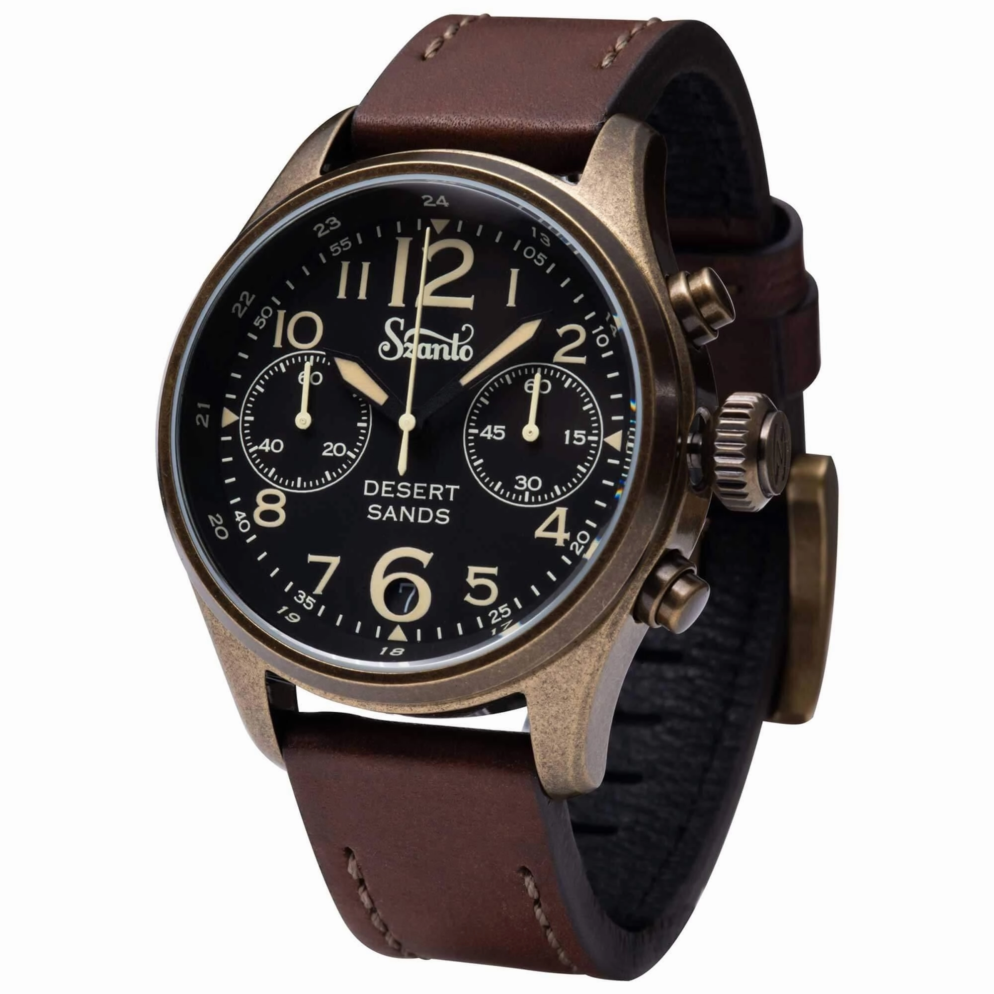 Szanto Men's Chronograph Watch - Desert Sands Antique Gold Case Brown Strap | SZ 4552