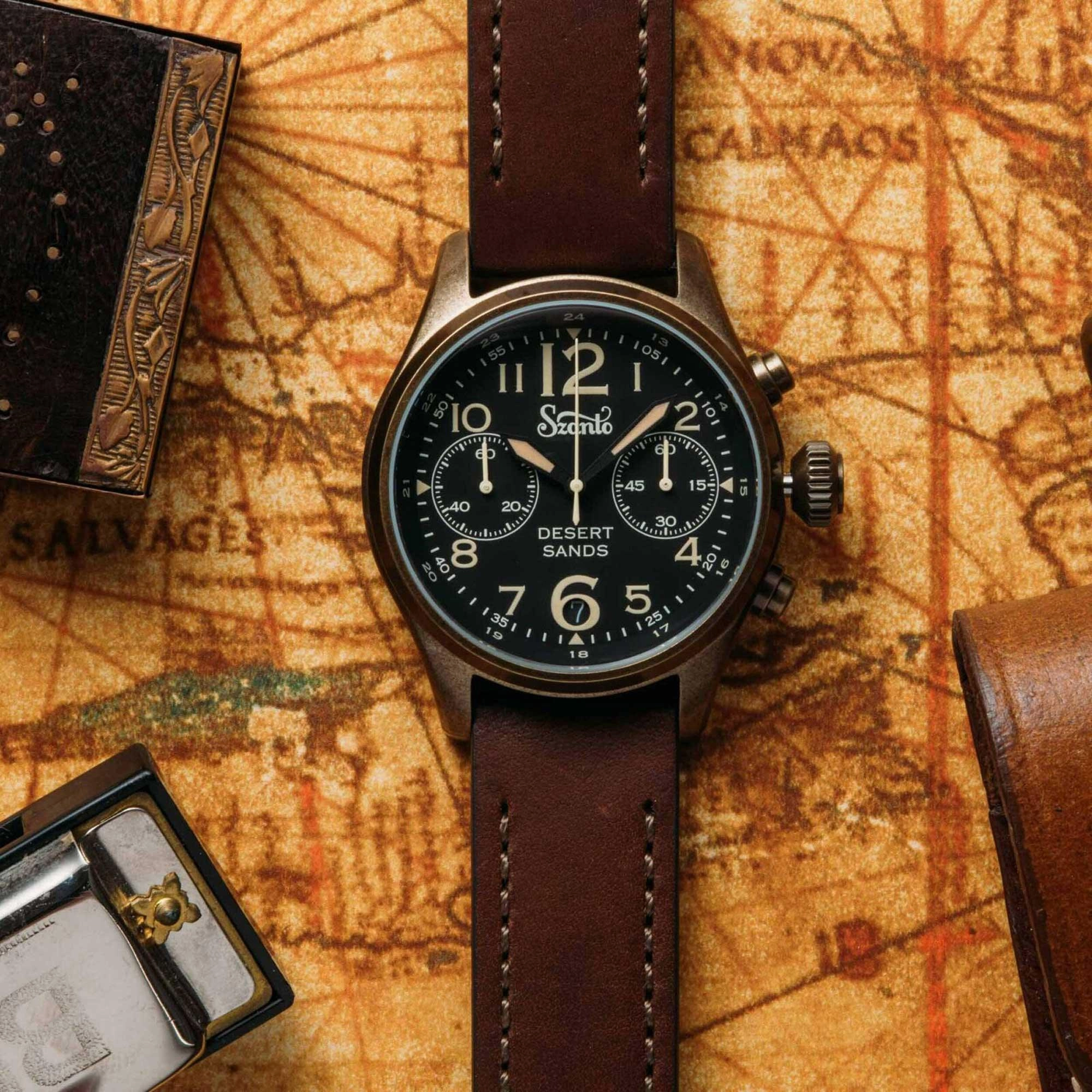 Szanto Men's Chronograph Watch - Desert Sands Antique Gold Case Brown Strap | SZ 4552
