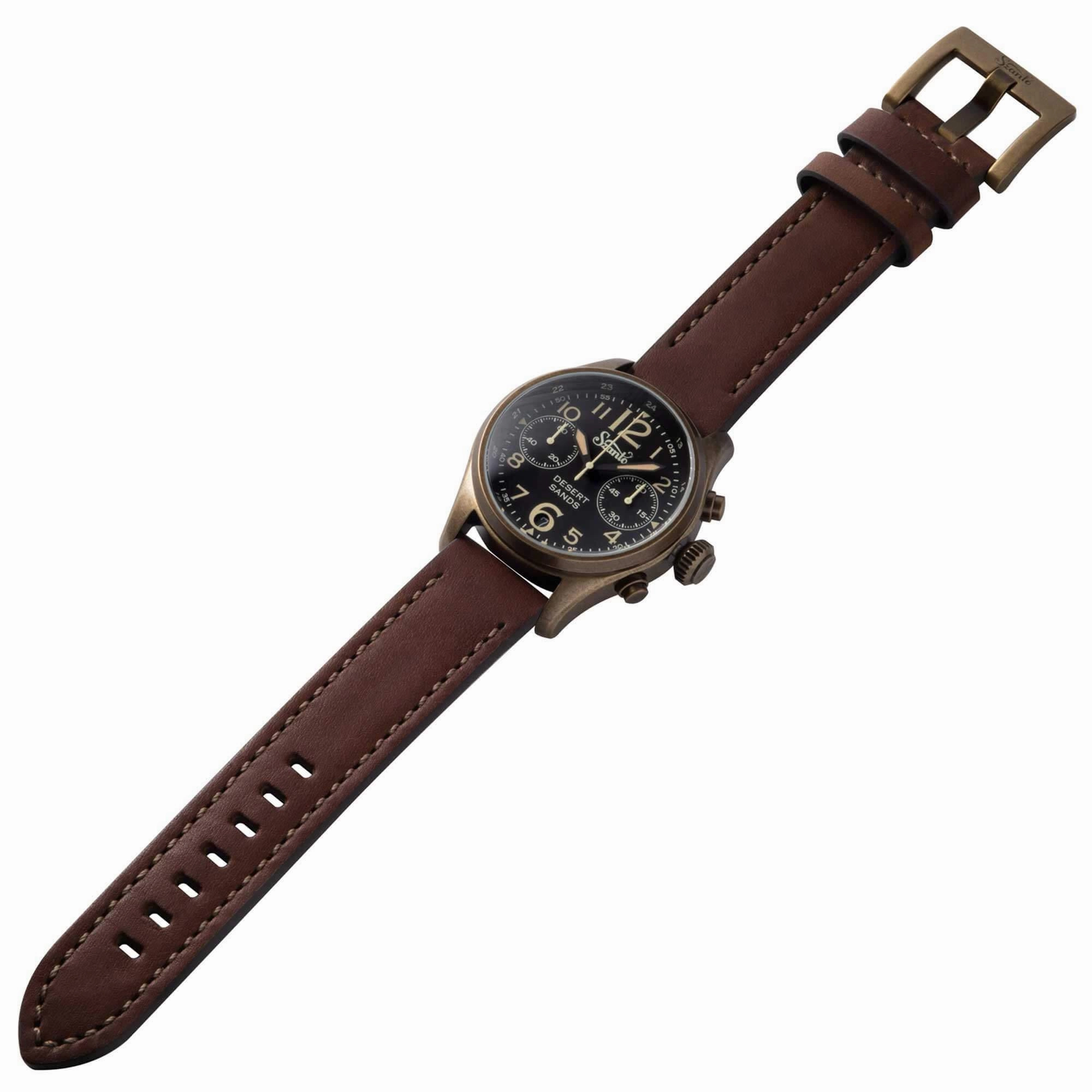 Szanto Men's Chronograph Watch - Desert Sands Antique Gold Case Brown Strap | SZ 4552
