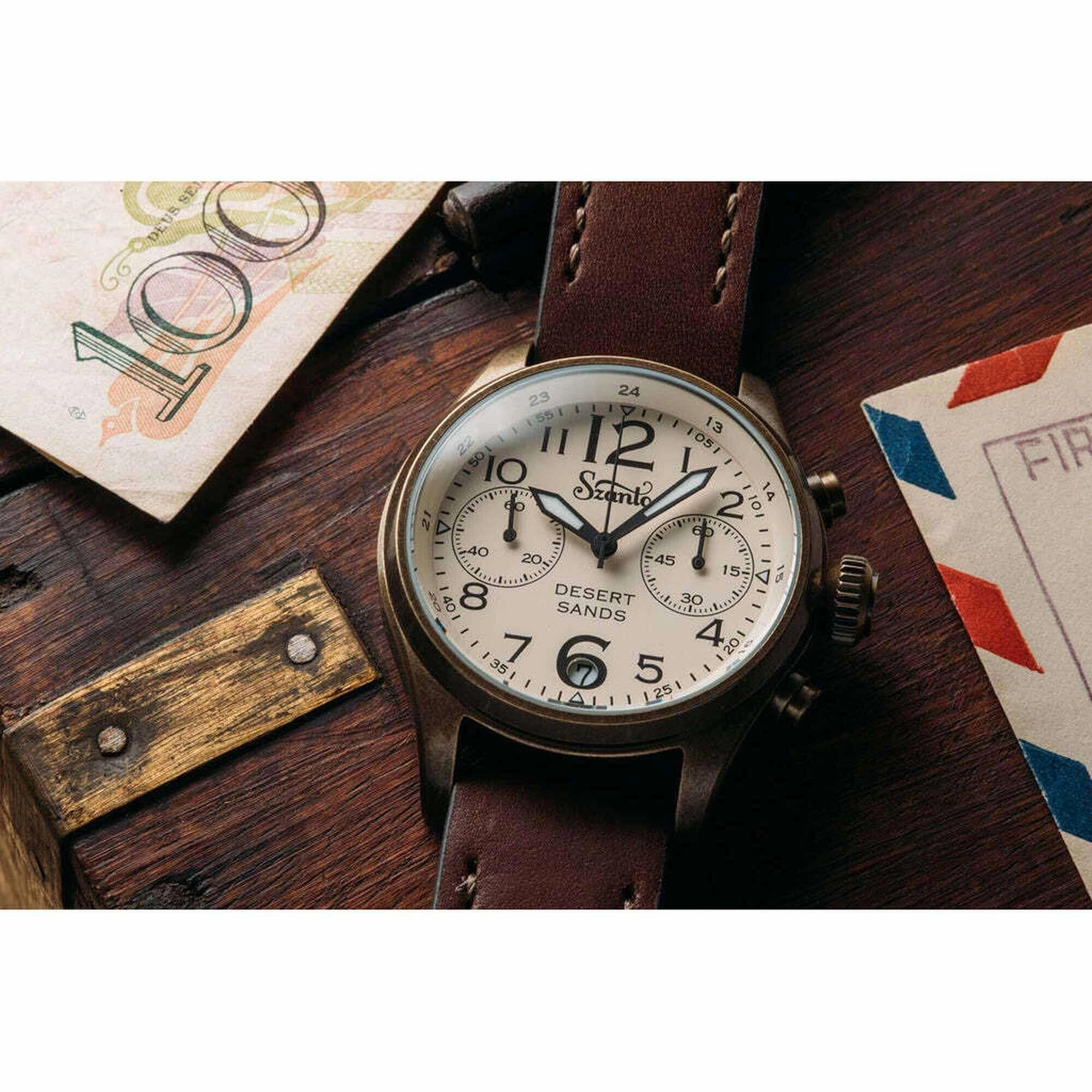 Szanto Men's Chronograph Watch - Desert Sands Ivory Dial Antique Gold Case | SZ 4553