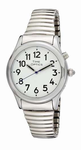 TimeOptics Men's Talking Silver-Tone Day Date Alarm Expansion Bracelet Watch # GWC021ST