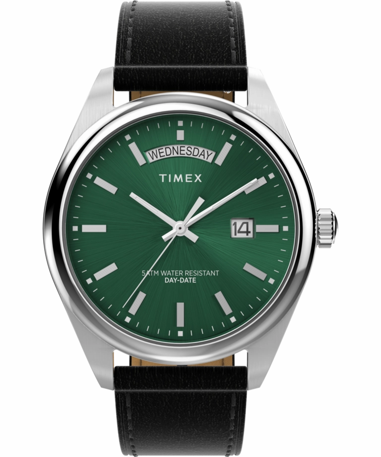 Timex Legacy Quartz Green Dial Day-Date Leather Band Watch TW2W57300