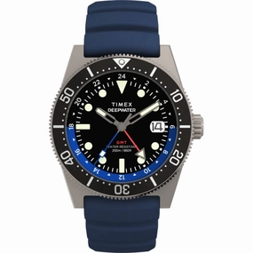 Timex Men's Watch - Deepwater Reef GMT Black Dial Blue Rubber Strap Dive | TW2W75100