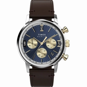 Timex Men's Watch - Marlin Chronograph Blue and Gold Dial Leather Strap | TW2W60400