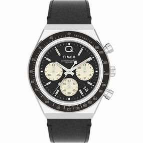 Timex Men's Watch - Q Chronograph Rotating Bezel Black Leather Strap | TW2V42700