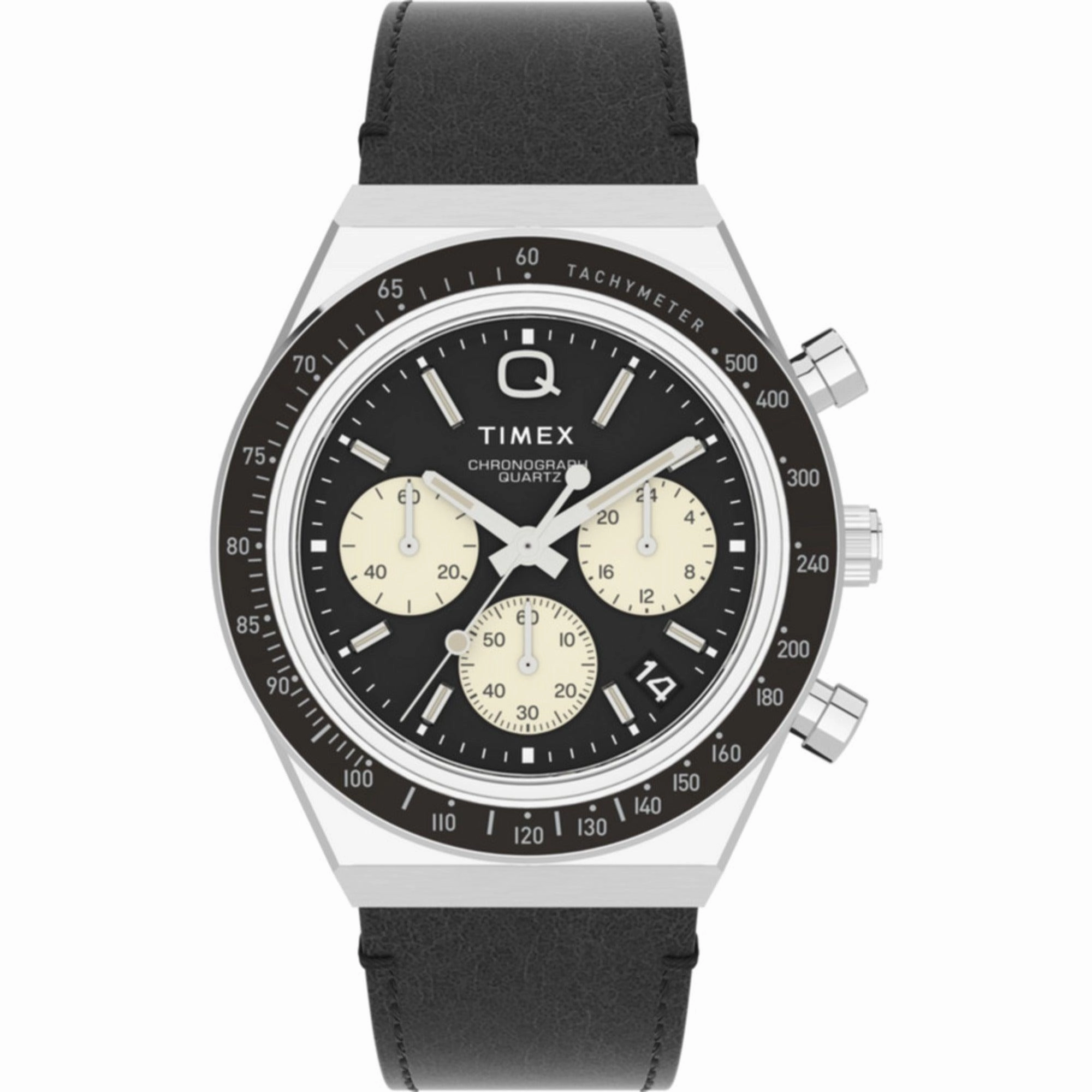 Timex Men's Watch - Q Chronograph Rotating Bezel Black Leather Strap | TW2V42700
