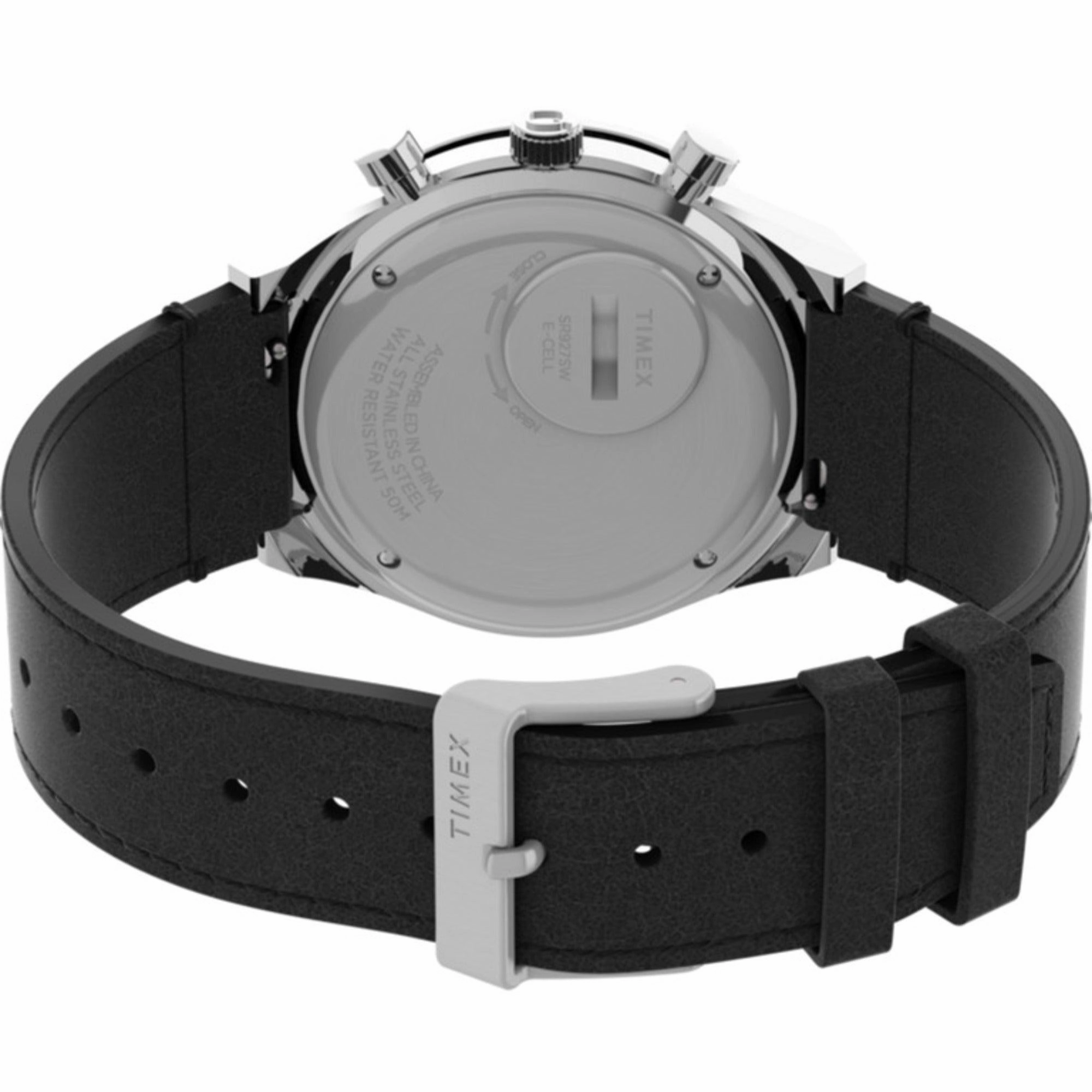 Timex Men's Watch - Q Chronograph Rotating Bezel Black Leather Strap | TW2V42700