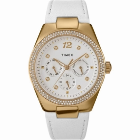Timex Women's Watch - Simone Chrono Crystal Bezel White Dial Leather Strap | TW2V80500