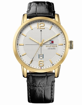 Tommy Hilfiger George Mens Watch - Gold-Tone Case - Black Leather Strap - 50m