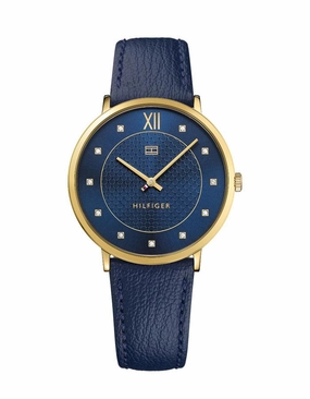 Tommy Hilfiger Womens Sloan Dress Watch - Gold-Tone - Blue Leather Strap