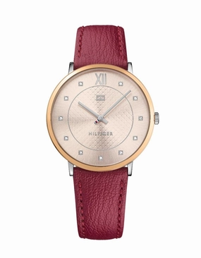 Tommy Hilfiger Womens Sloan Dress Watch - Gold-Tone - Red Leather Strap