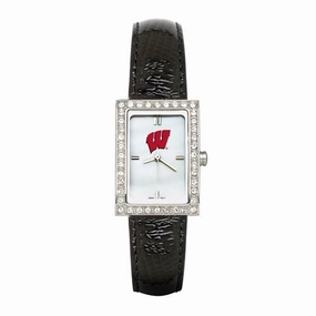 University of Wisconsin Womens Allure Watch - Crystal Bezel - Leather Strap