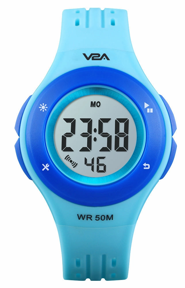 V2A Digital 5ATM Waterproof Kids Sports Watch with 7 Color Backlight Alarm Stopwatch for Boys and Girls (White Dial and Black Colored Strap)