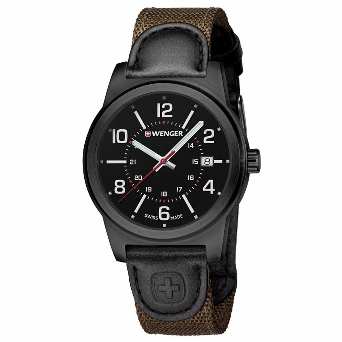 Wenger 01.0441.165 Men's Field Gear Black Dial Brown Nylon & Leather Strap Watch