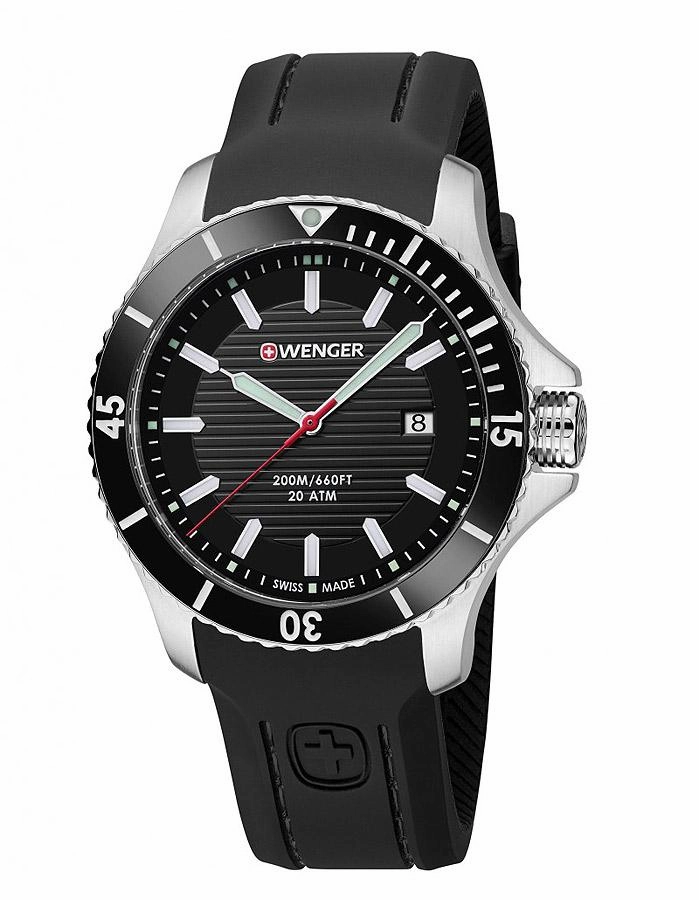 Wenger Sea Force Mens Dive Watch - Black Dial & Silicone Strap - 200m - Date