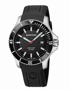 Wenger Sea Force Mens Dive Watch - Black Dial & Silicone Strap - 200m - Date