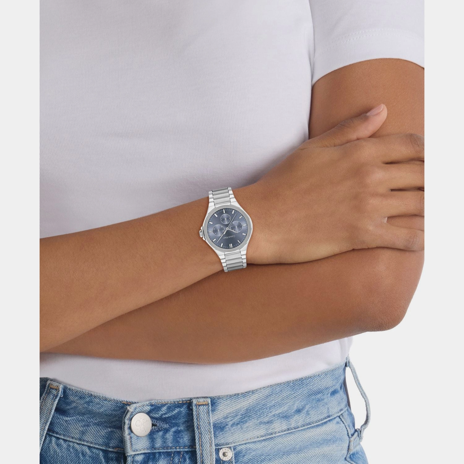 Women Quartz Blue Dial Multi-Function Stainless Steel Watch 25100051