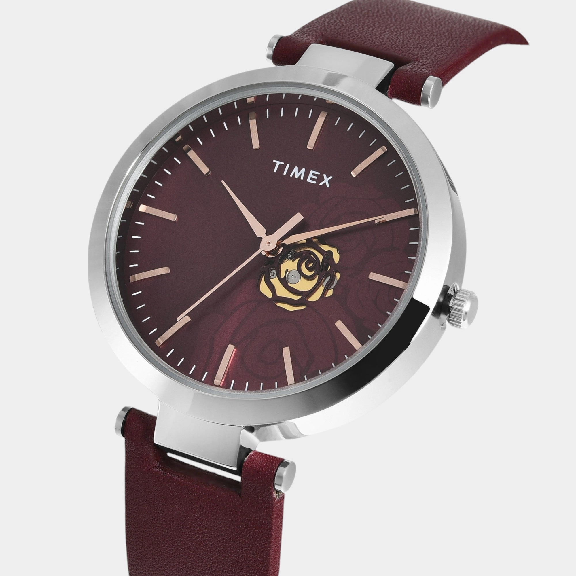 Women Quartz Burgundy Dial Analog Leather Watch TW000X245