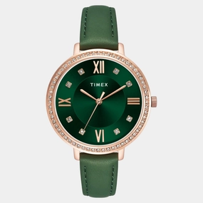 Women Quartz Green Dial Analog Leather Watch TWEL14713
