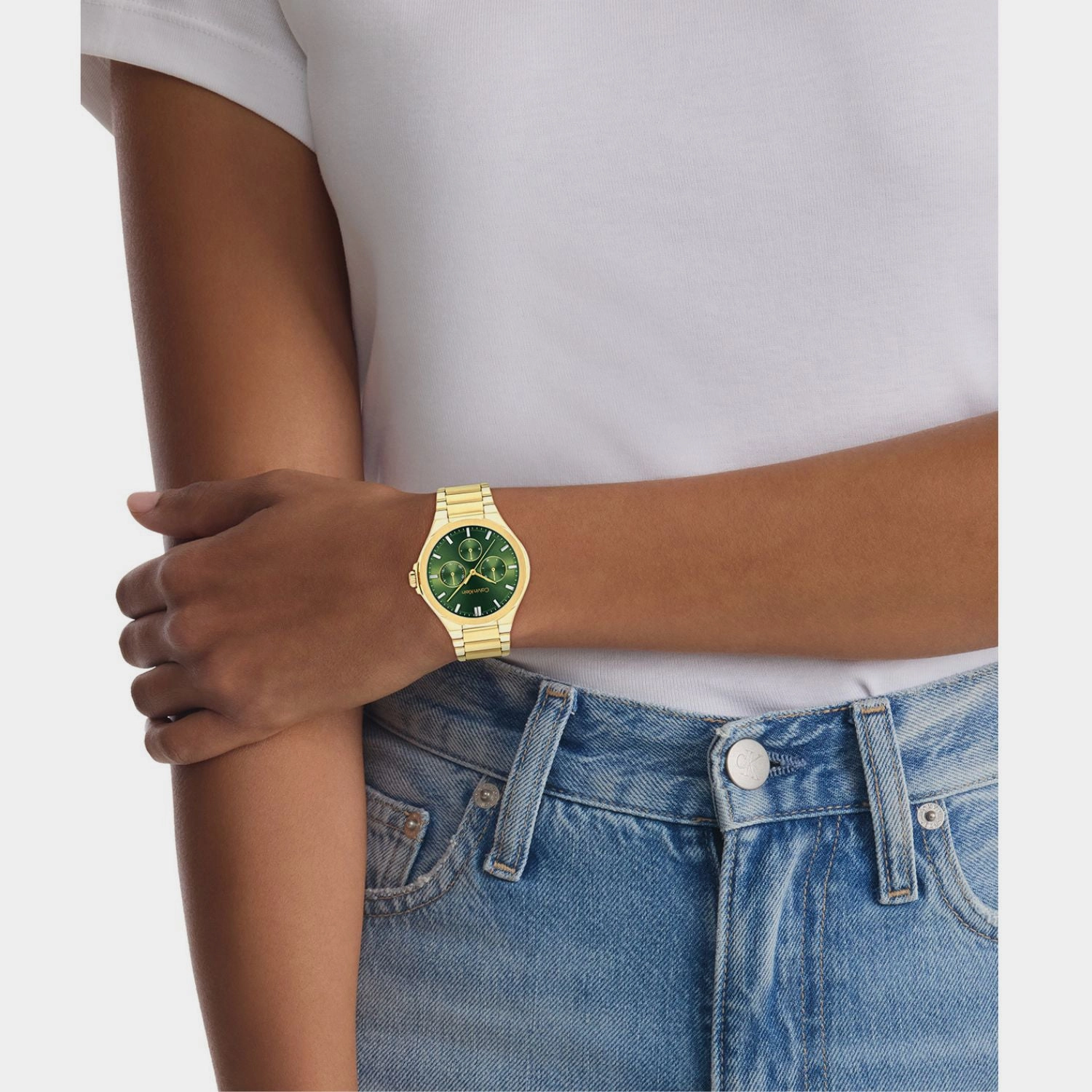 Women Quartz Green Dial Multi-Function Stainless Steel Watch 25100053